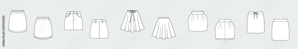Female skirt vector template set isolated on a grey background. Front and back view. Outline fashion technical sketch of clothes model.