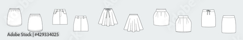 Female skirt vector template set isolated on a grey background. Front and back view. Outline fashion technical sketch of clothes model.