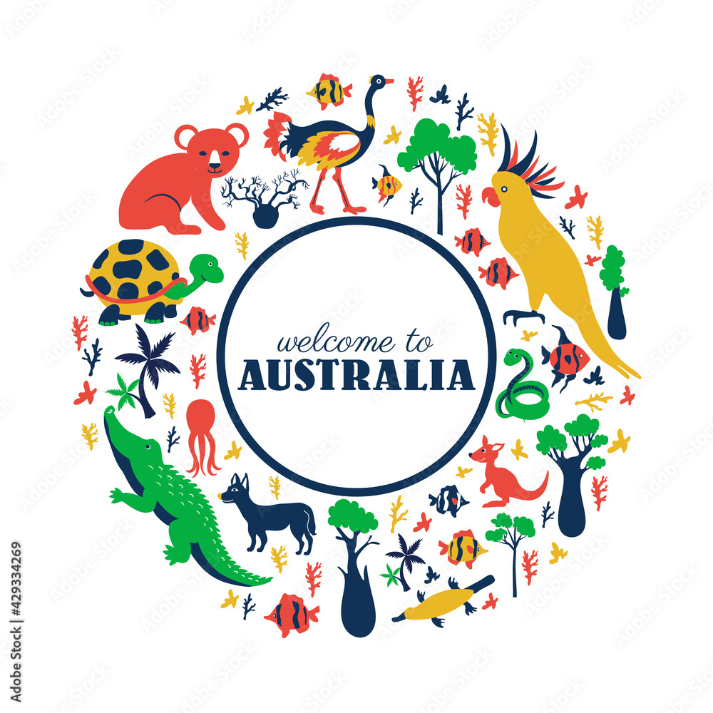 Round frame with Australian wild animal and colorful tree, vector cartoon illustration, travel background with mammal koala, kakadu, snake, kangaroo, crocodile, fish decorative texture for design zoo
