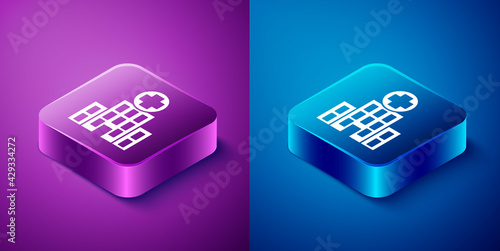 Isometric Medical hospital building with cross icon isolated on blue and purple background. Medical center. Health care. Square button. Vector