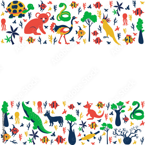 Frame with Australian wild animal and colorful tree, vector cartoon illustration, travel background with mammal koala, kakadu, snake, kangaroo, crocodile, fish, decorative banner for design zoo