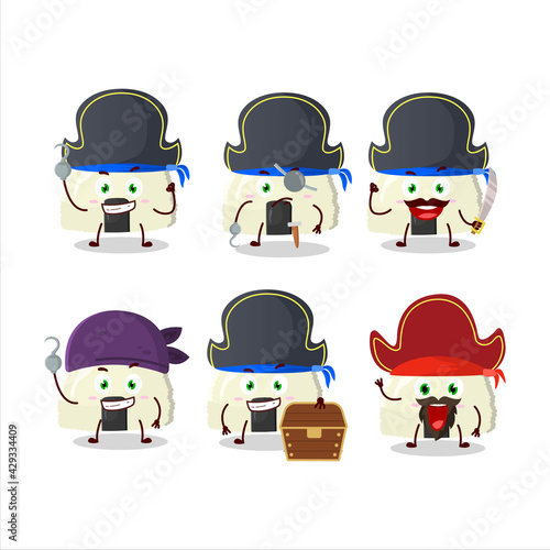 Cartoon character of onigiri with various pirates emoticons