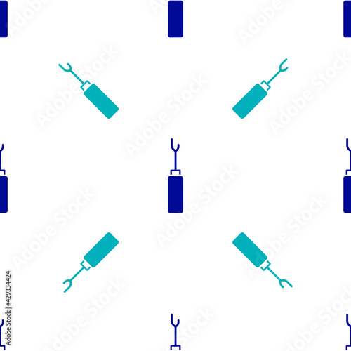 Blue Awl tool with wooden handle icon isolated seamless pattern on white background. Work equipment tailor industry. Vector