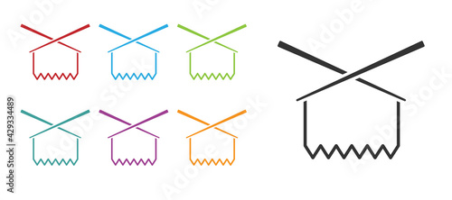 Black Knitting needles icon isolated on white background. Label for hand made, knitting or tailor shop. Set icons colorful. Vector