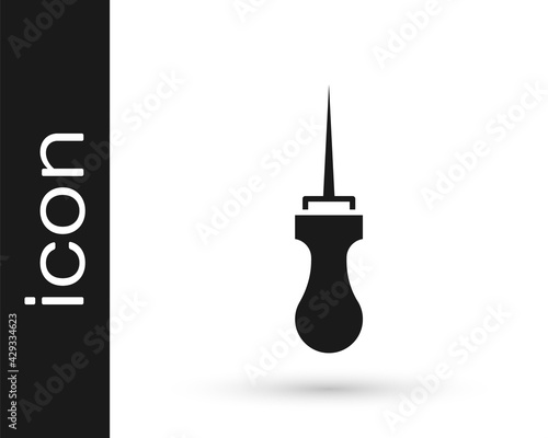 Black Awl tool with wooden handle icon isolated on white background. Work equipment tailor industry. Vector