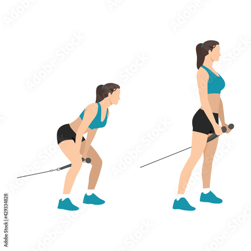Woman doing cable pull throughs exercise flat vector illustration isolated on white background