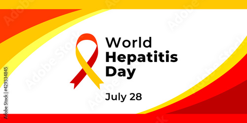 World Hepatitis Day. Vector banner for social media, card, poster. Illustration with text World Hepatitis Day, July 28. Red and yellow ribbon on a white background.