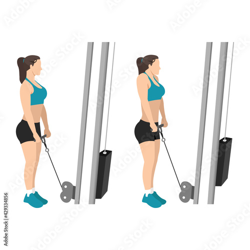 Woman doing cable shrugs exercise flat vector illustration isolated on white background