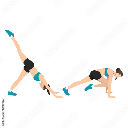 Woman doing downward dog crunch flat vector illustration isolated on white background