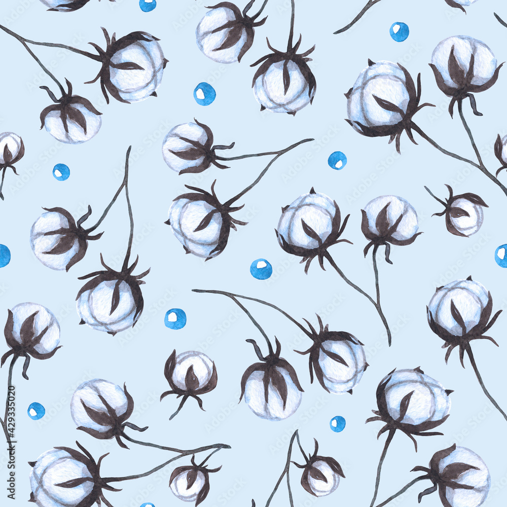 cute watercolor seamless pattern with hand-drawn cotton flowers and dots on a blue backgrond. it can be used as wallpaper, poster, print for clothes, fabrics, textiles, notebooks, packaging paper.