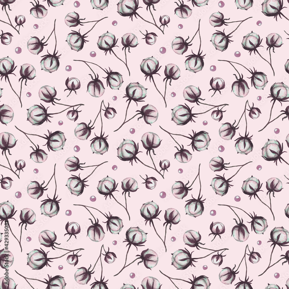 cute watercolor seamless pattern with hand-drawn cotton flowers and dots on a pink backgrond. it can be used as wallpaper, poster, print for clothes, fabrics, textiles, notebooks, packaging paper.