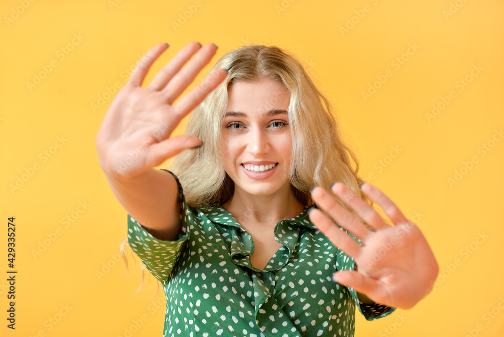 Fashionable young woman on color background Fashionable young woman on color background