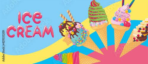Ice cream banner with various types of ice cream, decorated with confectionery, chocolate, syrup. Vector illustration, background, banner, flyer, advertisement