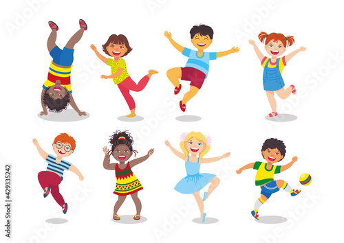 Set of happy childrens cartoon characters of different nationalities smiling and performing different actions. Vector illustration, kids, design elements, symbols, logo, mascot, concept