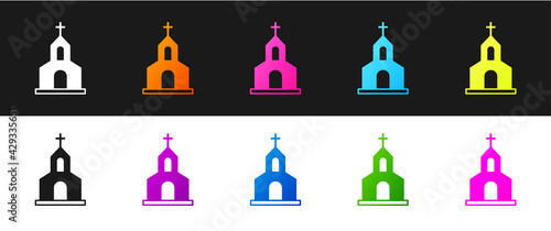 Set Church building icon isolated on black and white background. Christian Church. Religion of church. Vector