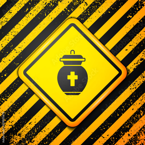 Black Funeral urn icon isolated on yellow background. Cremation and burial containers, columbarium vases, jars and pots with ashes. Warning sign. Vector