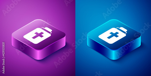 Isometric Funeral urn icon isolated on blue and purple background. Cremation and burial containers, columbarium vases, jars and pots with ashes. Square button. Vector