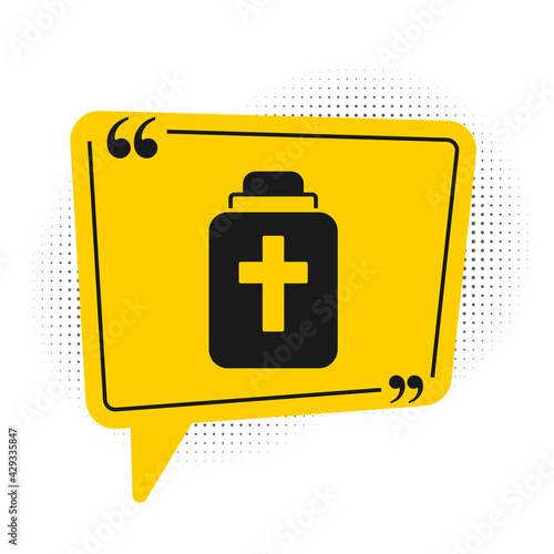 Black Funeral urn icon isolated on white background. Cremation and burial containers, columbarium vases, jars and pots with ashes. Yellow speech bubble symbol. Vector