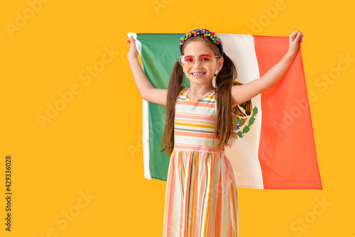 Little girl with Mexican flag on color background