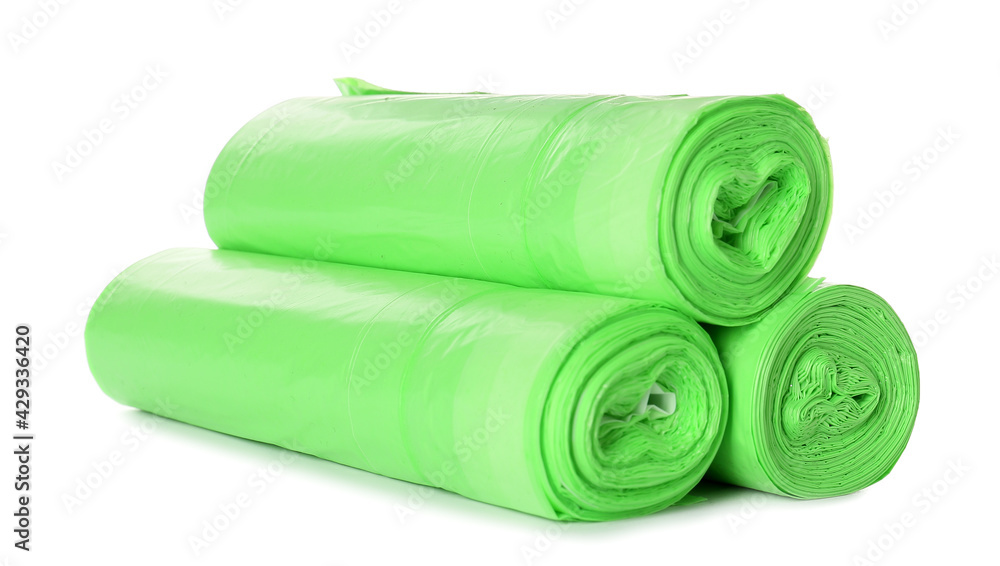 Rolls of garbage bags on white background Rolls of garbage bags on white background