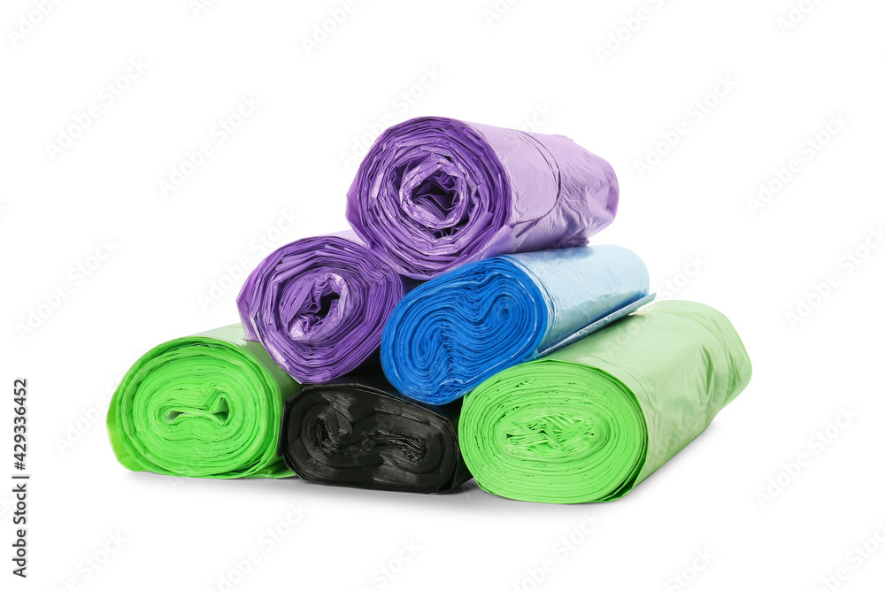 Different rolls of garbage bags on white background Different rolls of garbage bags on white background