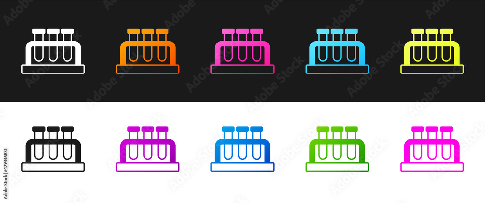 Set Test tube and flask chemical laboratory test icon isolated on black and white background. Laboratory glassware sign. Vector Set Test tube and flask chemical laboratory test icon isolated on black and white background. Laboratory glassware sign. Vector