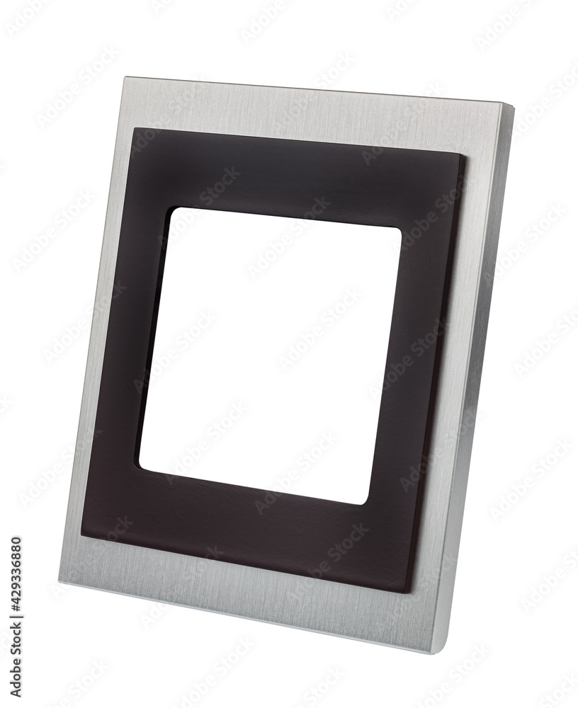 Vertical standing empty square aluminium photo frame with wide brown border isolated on white background Vertical standing empty square aluminium photo frame with wide brown border isolated on white background