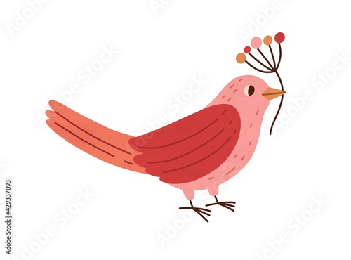 Cute pink bird holding branch with red winter berries isolated on white background. Beautiful birdie standing with sprig of pretty plant. Colored flat vector illustration