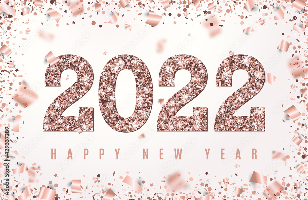 Happy New Year 2022 Banner with glowing Rose Gold Numbers on white background with geometric frame confetti and flying foil paper. Vector illustration for design