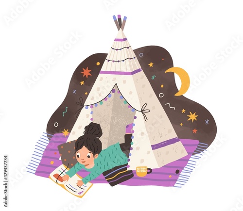 Child reading book in homemade teepee. Girl with storybook in home tent or hut. Kid resting on blanket and cushions in tipi. Colored flat vector illustration isolated on white background