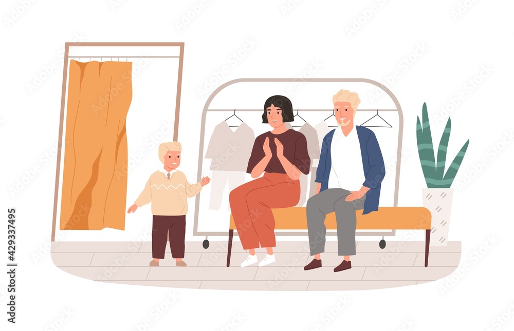 Parents and kid choosing and buying apparel in clothes store. Mother and father preparing their child for school, shopping in mall. Colored flat vector illustration isolated on white background Parents and kid choosing and buying apparel in clothes store. Mother and father preparing their child for school, shopping in mall. Colored flat vector illustration isolated on white background