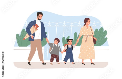 Children going to school together with their parents. Happy boy and girl walking with father and mother. Colored flat vector illustration of mom, dad and schoolchildren isolated on white background