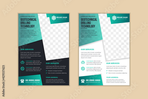Abstract flyer design template for geotechnical drilling technology with space for photo. modern zigzag style use green gradient element in white and dark grey background. Vertical layout. 