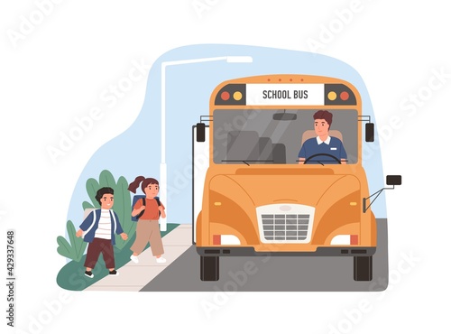 Yellow school bus driver arrived at stop with children. Kids entering schoolbus. Transport for schoolchildren. Flat vector illustration of schoolkid's transportation isolated on white background