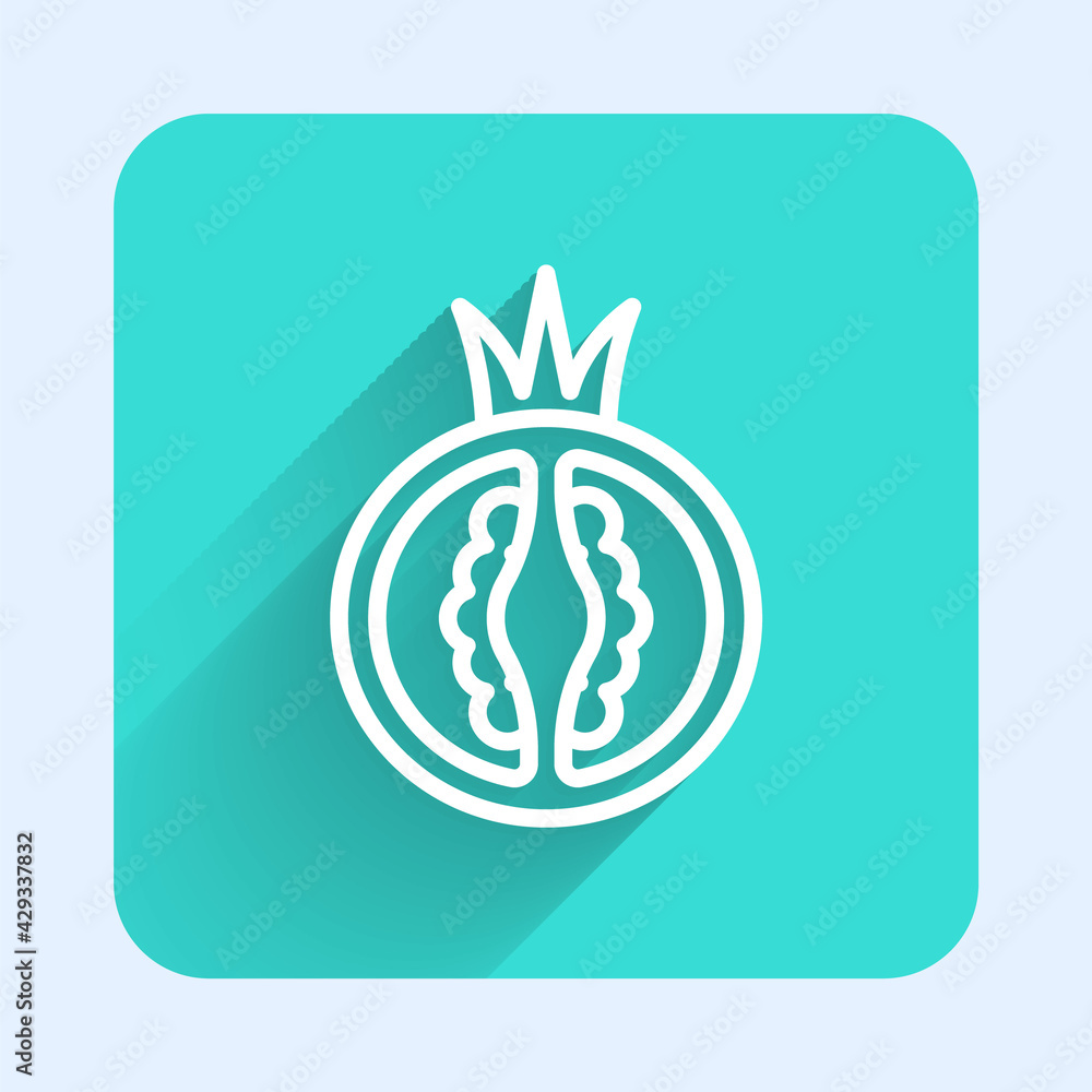 White line Tomato icon isolated with long shadow. Green square button. Vector White line Tomato icon isolated with long shadow. Green square button. Vector