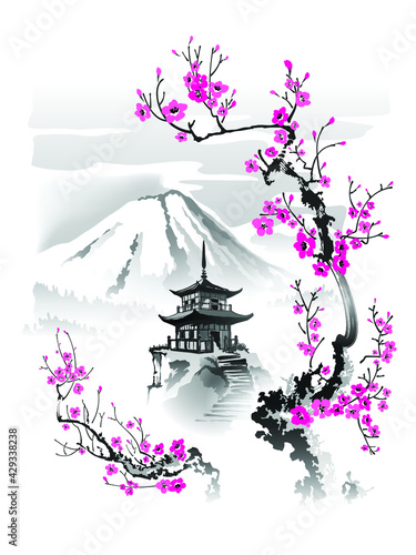 A pagoda in the mountains against the background of blossoming sakura branches. Vector illustration in traditional oriental style.