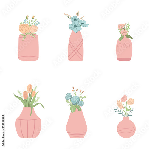 Set of beautiful stylish stickers with bouquet of flowers in vases Vector photo