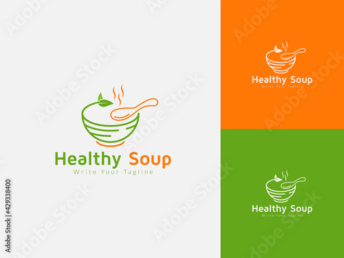 Healthy hot soup logo with spoons icon and Leaves, soup in a bowl
