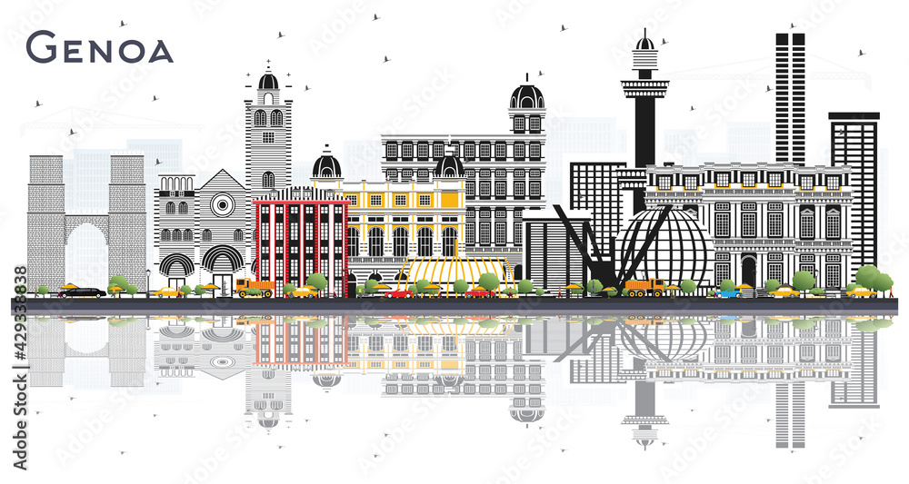 Genoa Italy City Skyline with Color Buildings and Reflections Isolated on White.