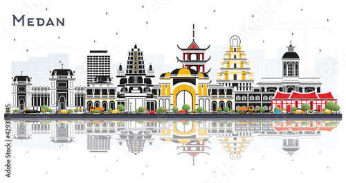 Bild auf Leinwand Medan Indonesia City Skyline with Color Buildings and Reflections Isolated on White