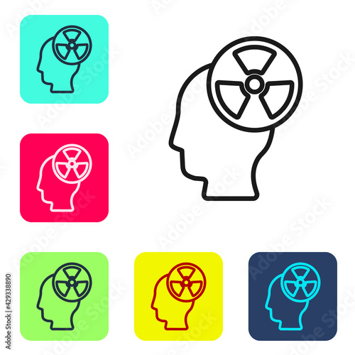 Black line Silhouette of a human head and a radiation symbol icon isolated on white background. Set icons in color square buttons. Vector