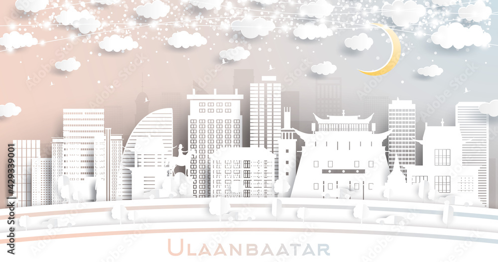 Ulaanbaatar Mongolia City Skyline in Paper Cut Style with Snowflakes, Moon and Neon Garland.