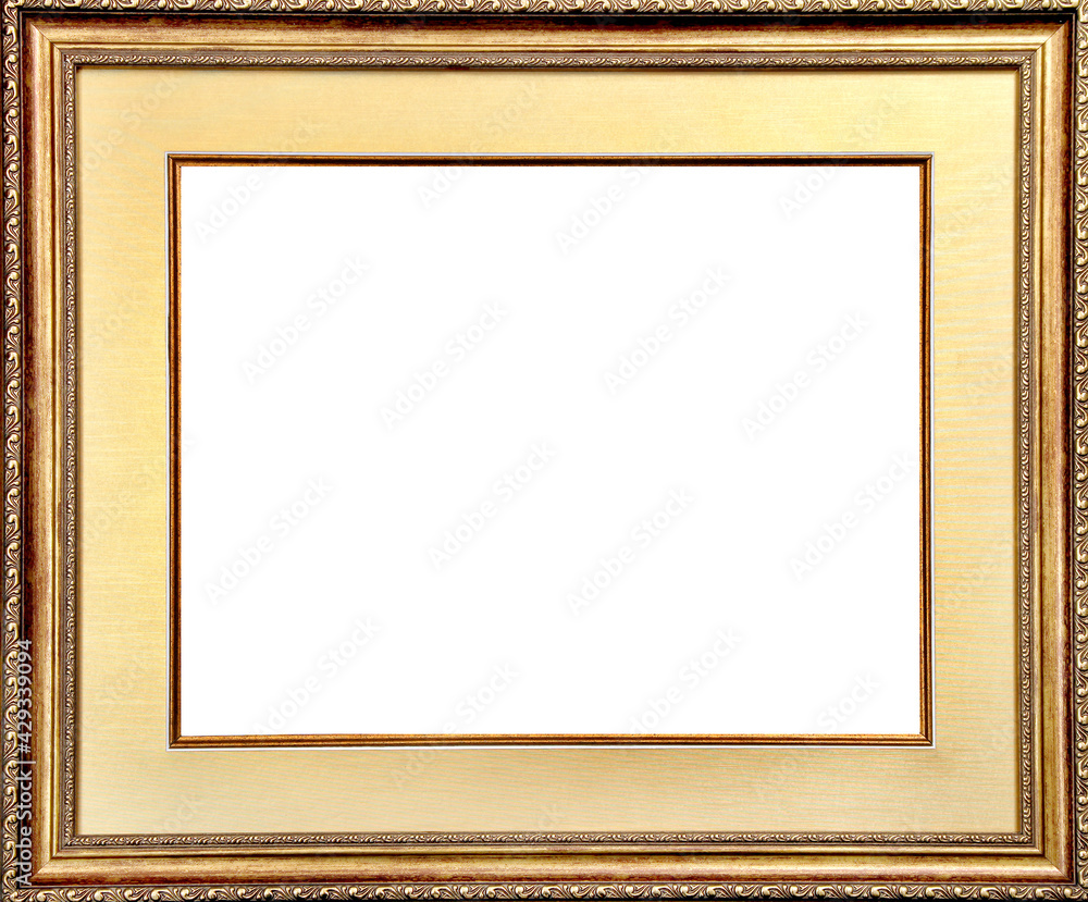 Picture frame with passe-partout elements. Gilded wooden frame for paintings and images. Picture frame with passe-partout elements. Gilded wooden frame for paintings and images.