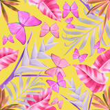 Seamless pattern with butterflies and Tropical flowers and leaves. Stylish trendy fashion floral pattern