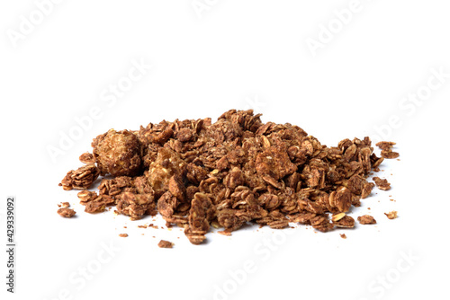 Chocolate granola isolated on white background.