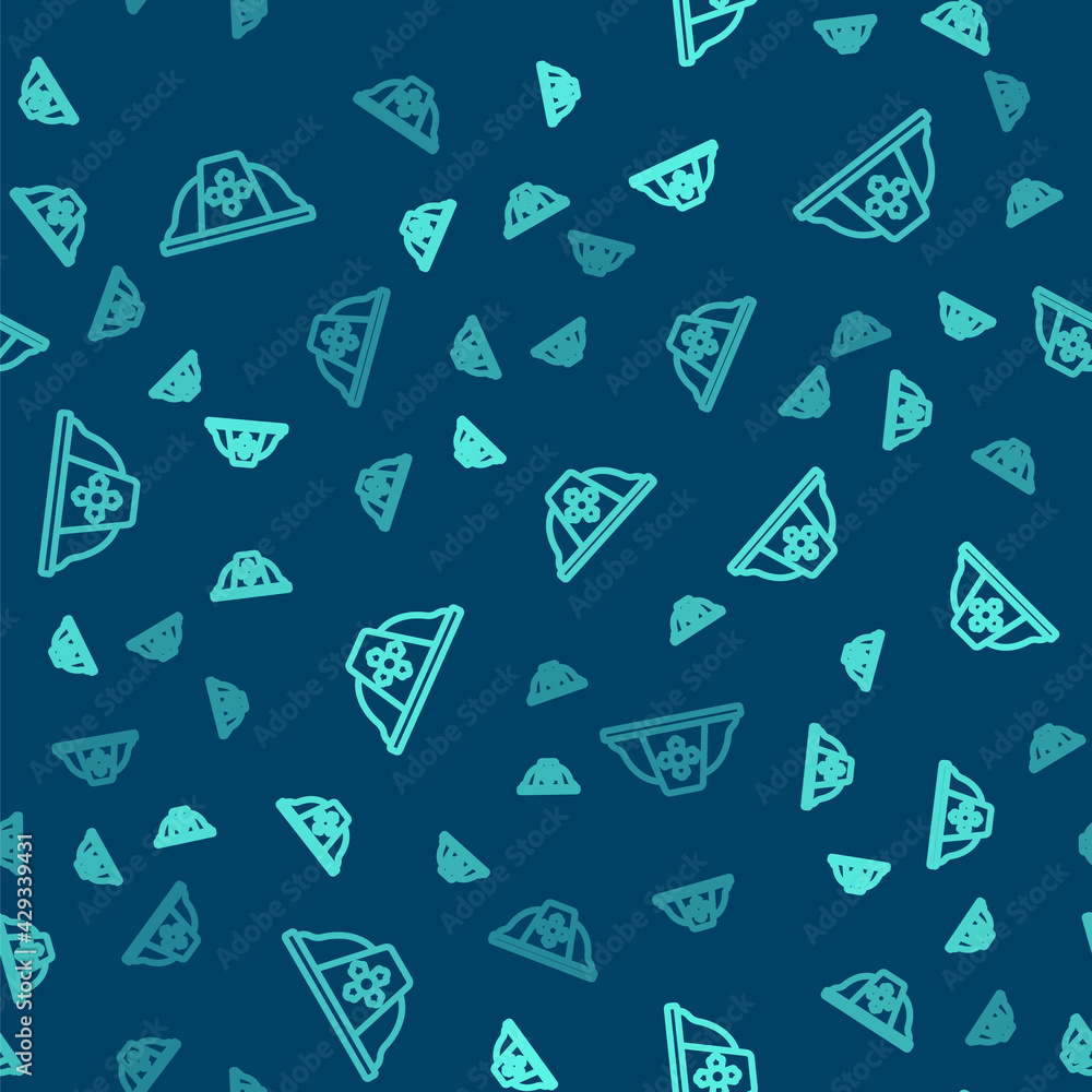 Green line Firefighter helmet or fireman hat icon isolated seamless pattern on blue background. Vector Green line Firefighter helmet or fireman hat icon isolated seamless pattern on blue background. Vector