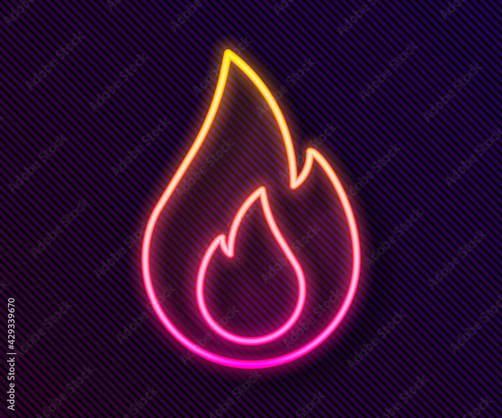 Glowing neon line Fire flame icon isolated on black background. Vector