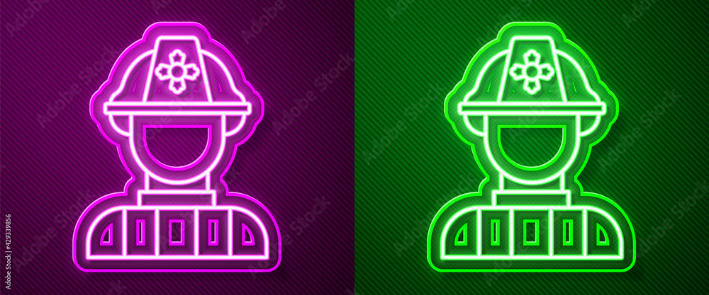 Glowing neon line Firefighter icon isolated on purple and green background. Vector Glowing neon line Firefighter icon isolated on purple and green background. Vector