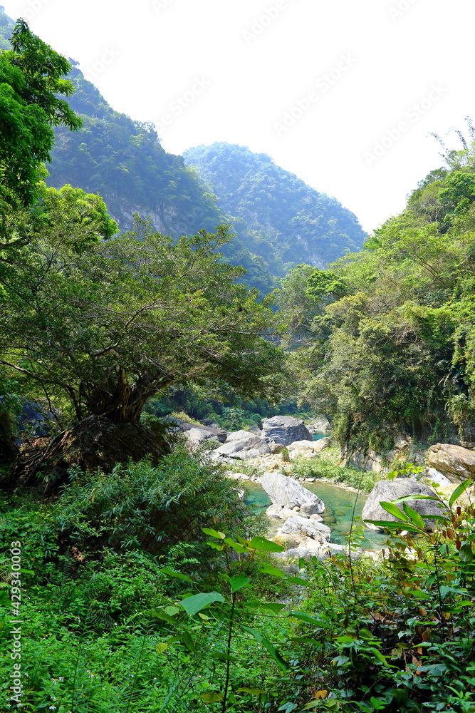 Shakadang Trail, a path carved into the wall of a marble cliff in Taroko National Park, Hualien, Taiwan