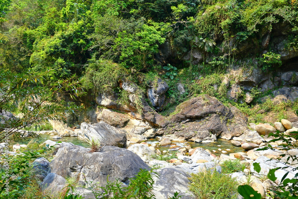 Shakadang Trail, a path carved into the wall of a marble cliff in Taroko National Park, Hualien, Taiwan Shakadang Trail, a path carved into the wall of a marble cliff in Taroko National Park, Hualien, Taiwan